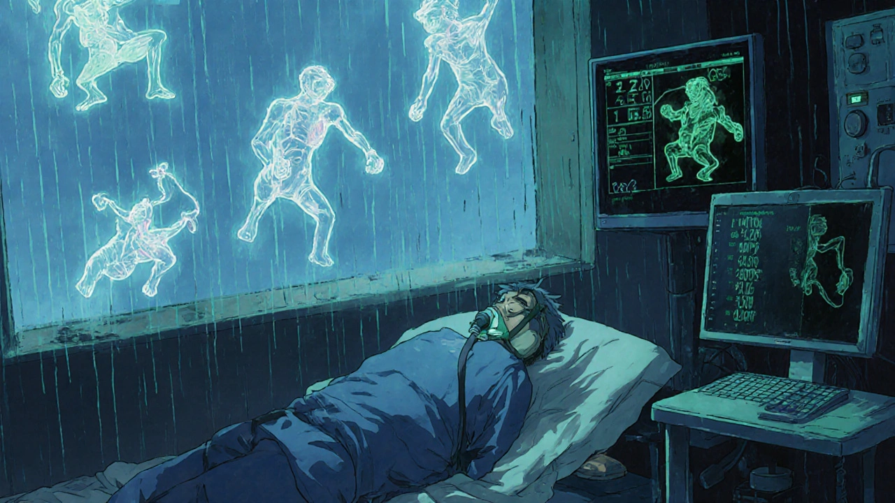 A man collapsed in a hospital, ghostly drug molecules hovering above him as monitors warn of low blood pressure.