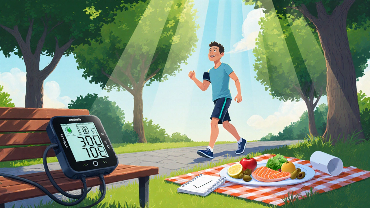 Adult walking in a park with a blood pressure cuff, Mediterranean food nearby.