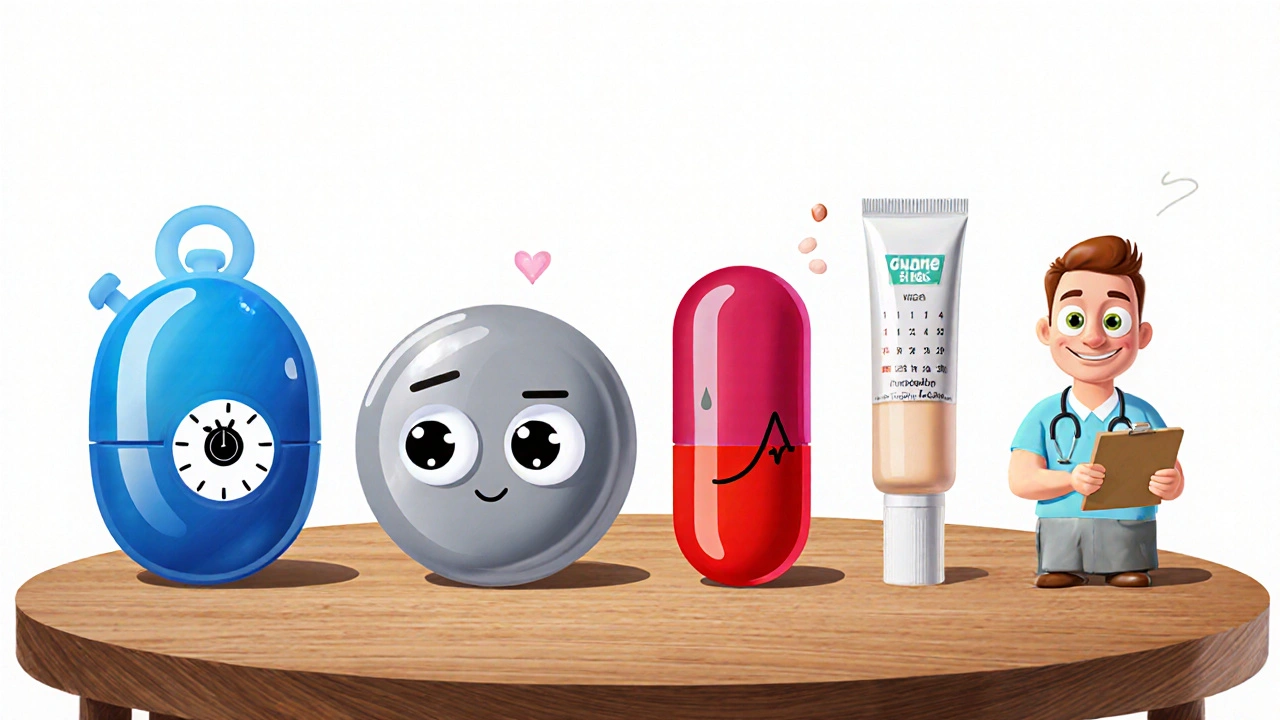 Cartoon characters of a pill, cream tube, Viagra tablet, and therapist gathered around a table.