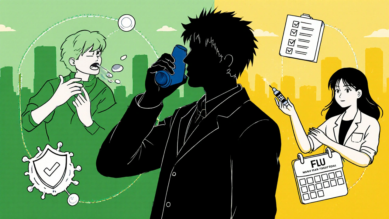 Character practicing inhaler technique, rinsing mouth, and receiving a vaccine with health checklist icons.