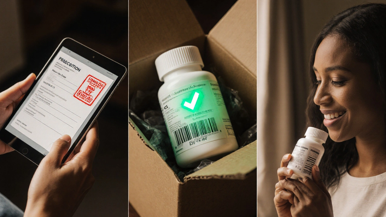 Collage of hands handling a prescription, uploading it, receiving a sealed pill bottle, and inspecting it.