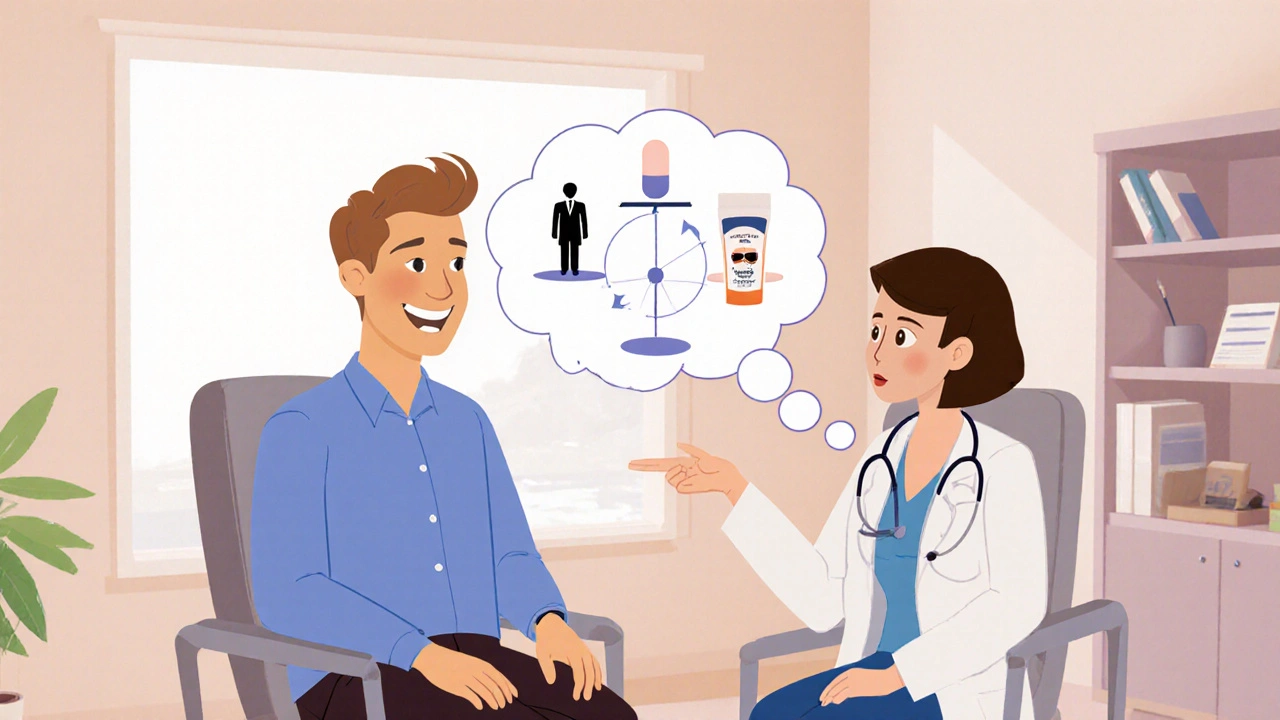 Couple consulting a doctor with thought bubbles showing medication and therapy options.