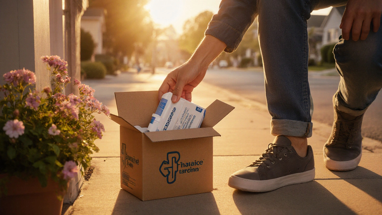 Delivered box revealing a generic albuterol inhaler in a customer's hands