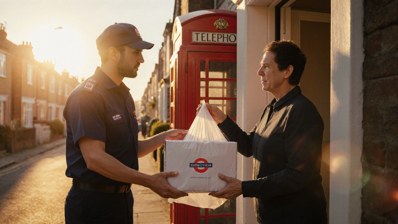 Digital painting of a courier delivering a sealed parcel to a smiling adult at a UK doorway.