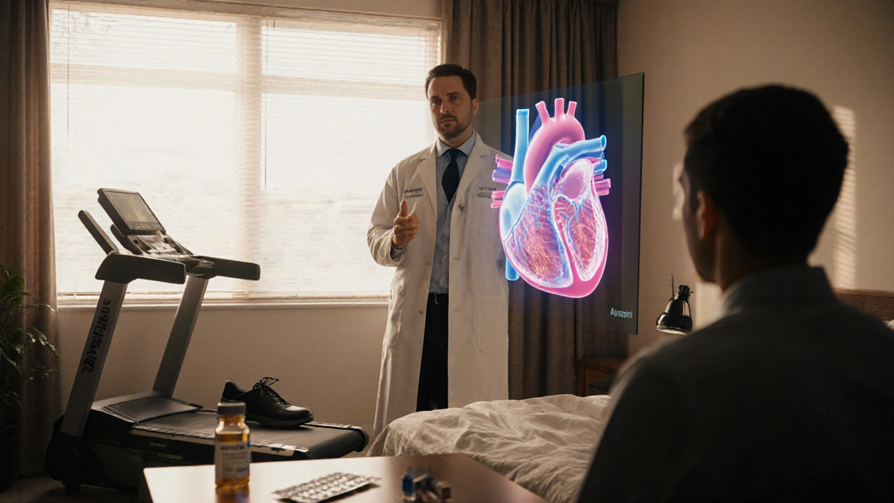 Doctor consulting patient with holographic heart displaying obstruction and plaque, medication and exercise symbols.