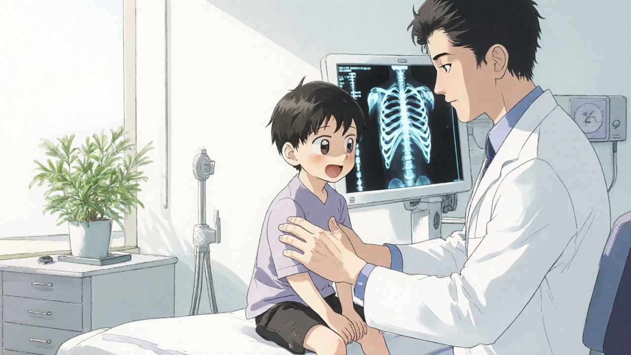 Doctor examining a child in a clinic with a faint bone X‑ray.
