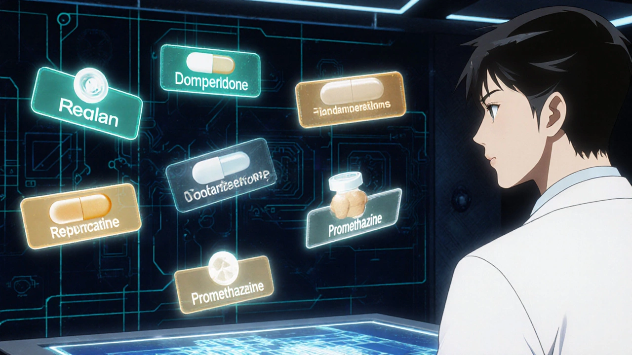 Doctor presenting holographic floating pills of six anti‑nausea drugs to a patient.