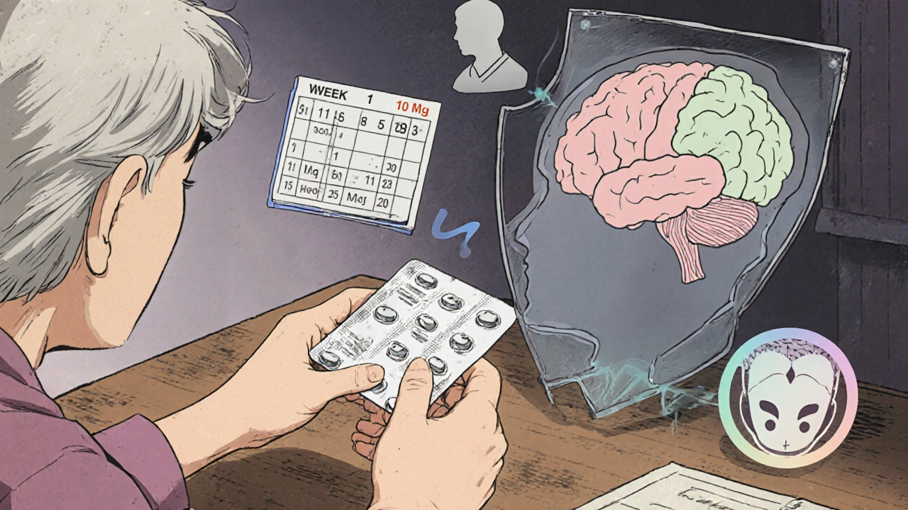 Elderly person receiving memantine tablets from caregiver, brain shielded in background.