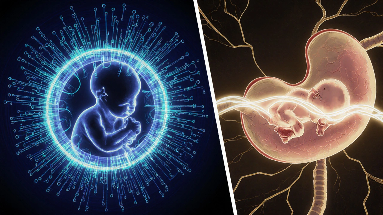 Fetus in womb with blocked opioid receptors, glowing neural pathways in background.