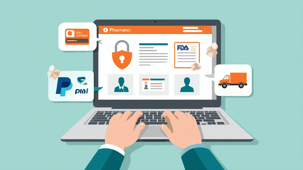 Flat illustration of a laptop screen showing security and FDA icons with payment and delivery symbols.