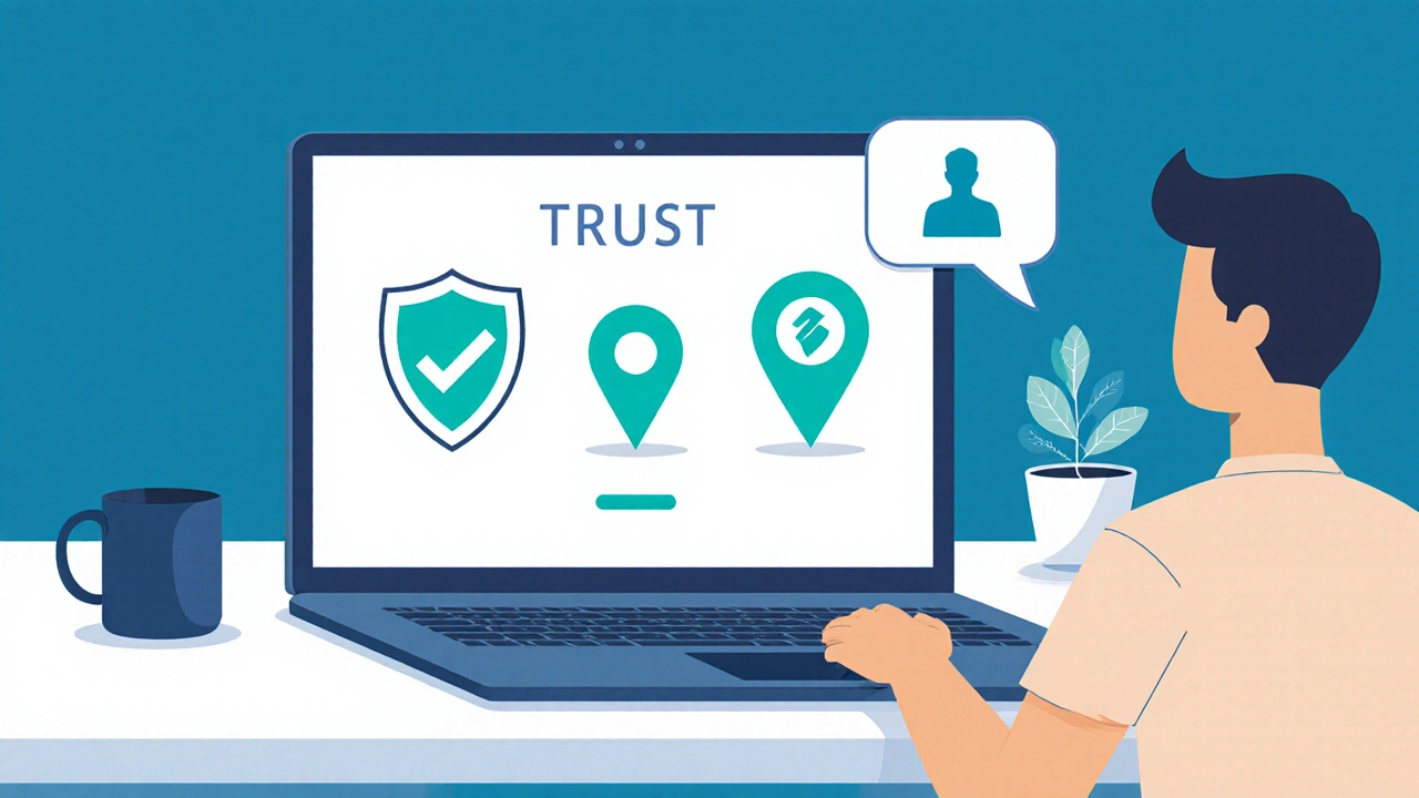 Flat illustration of a laptop screen showing shield, map pin, and pharmacist icons.