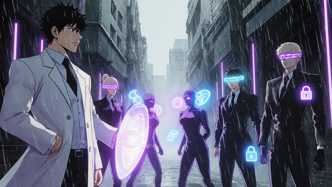 Futuristic alley with personified allergy drugs showing their different effects.