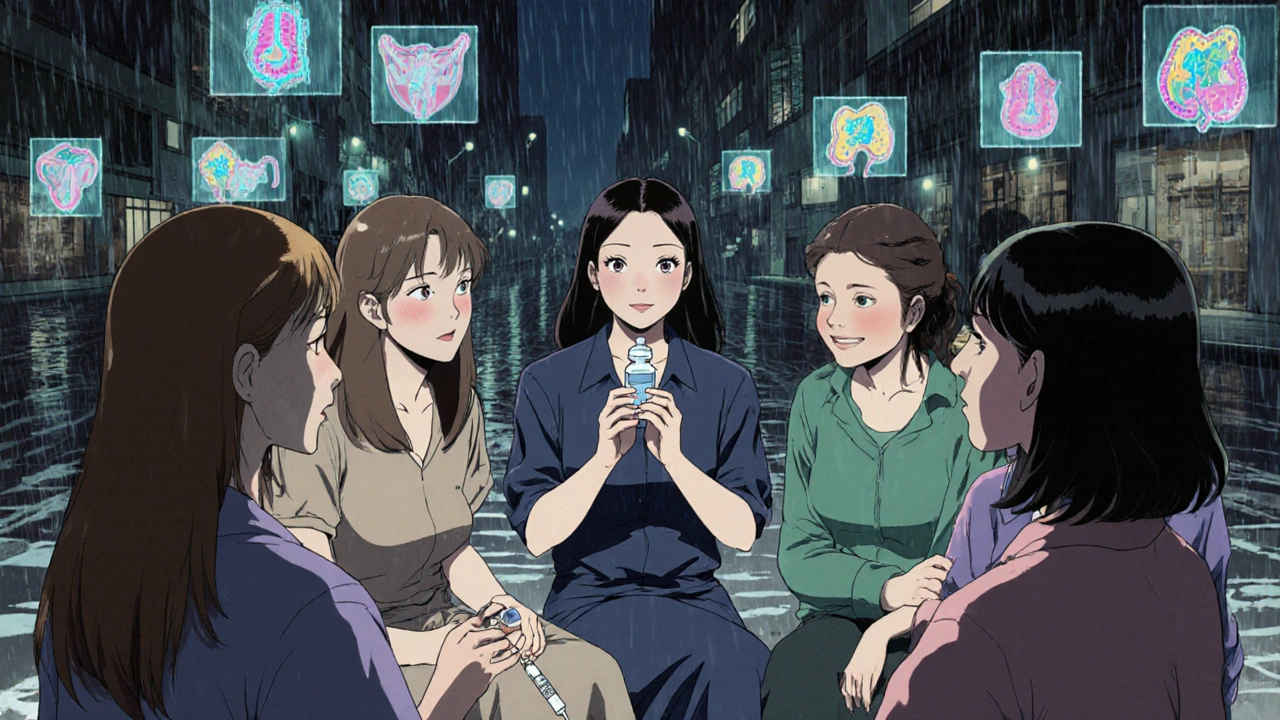 Group of pregnant women in therapy, one holding naltrexone injection, city lights behind.