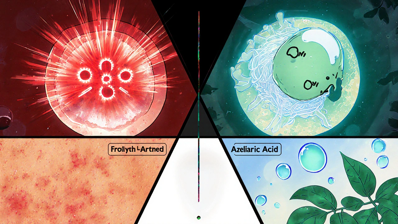 Illustration comparing benzoyl peroxide, salicylic acid, azelaic acid, and tea tree oil actions.