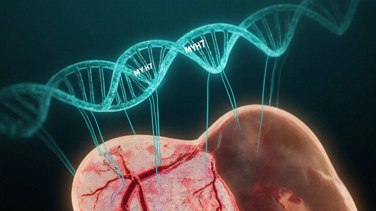 Illustration linking MYH7 gene helix to heart muscle thickening and microvascular spasm.