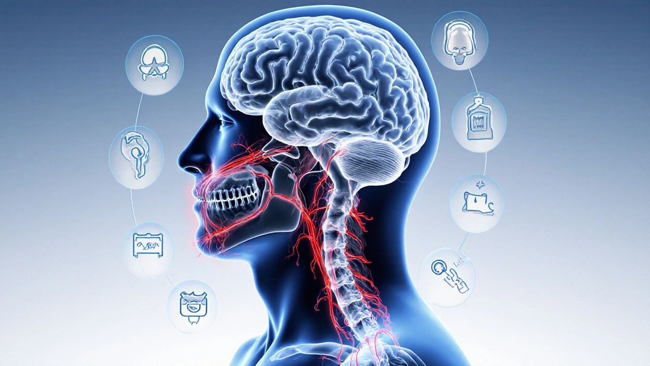 Illustration of brain and nerves linking jaw and body pain pathways with red highlights.