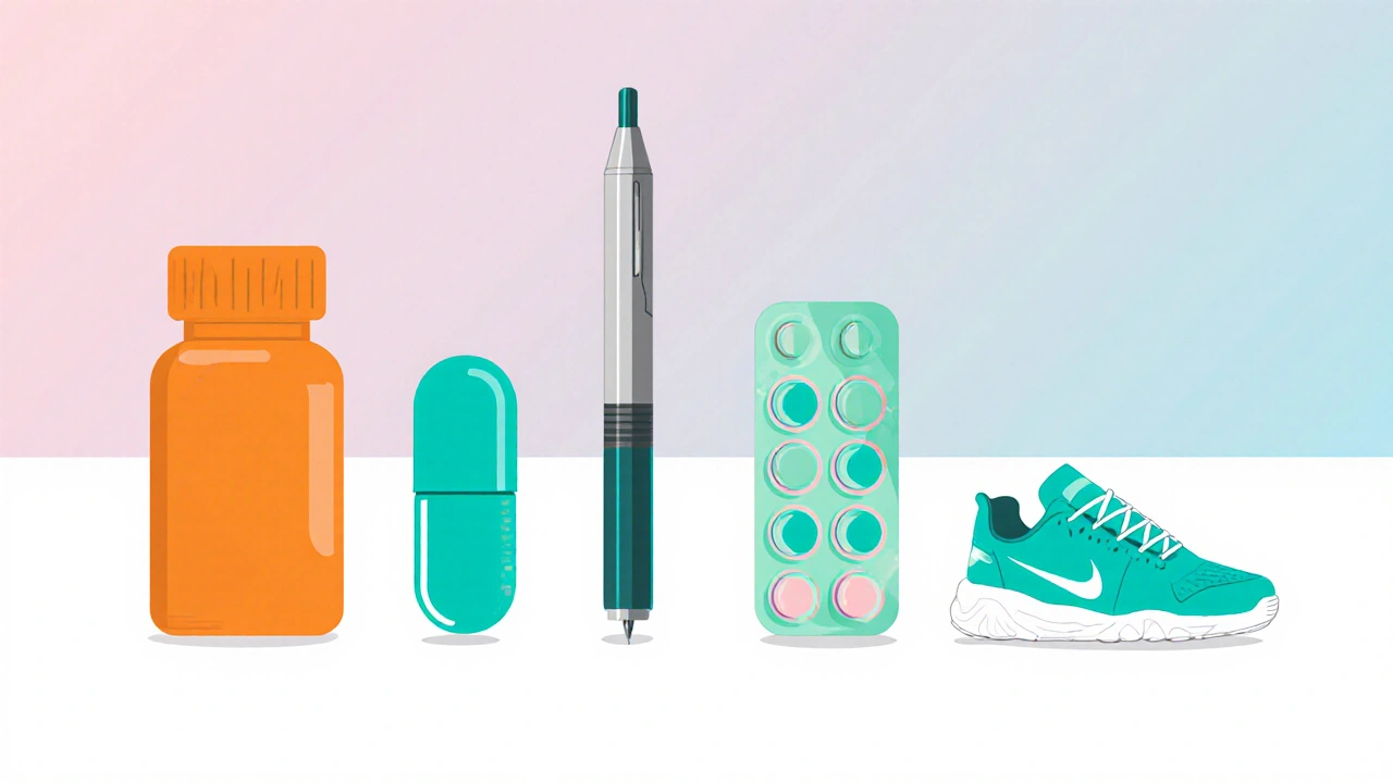 Illustration of diabetes drugs: Sulfonylurea bottle, DPP‑4 capsule, GLP‑1 pen, SGLT2 pack, and running shoes.
