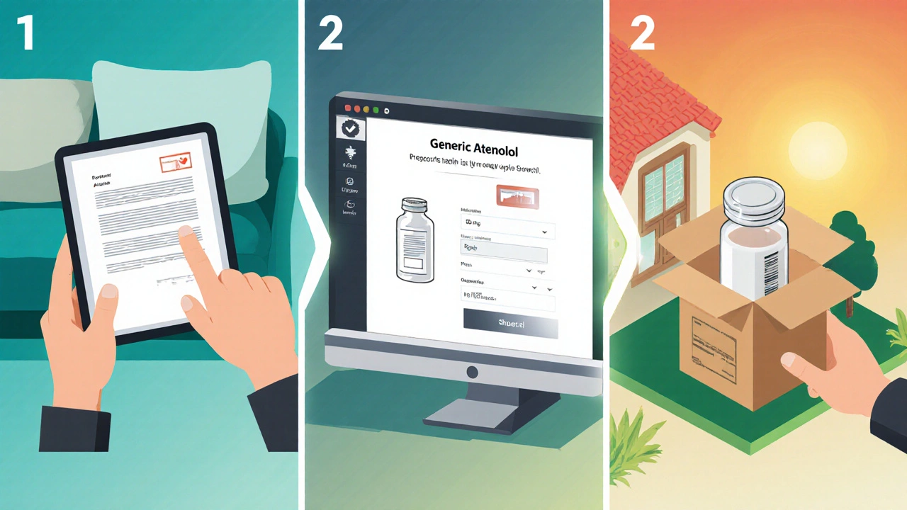 Isometric steps: upload prescription, select pills, receive package.
