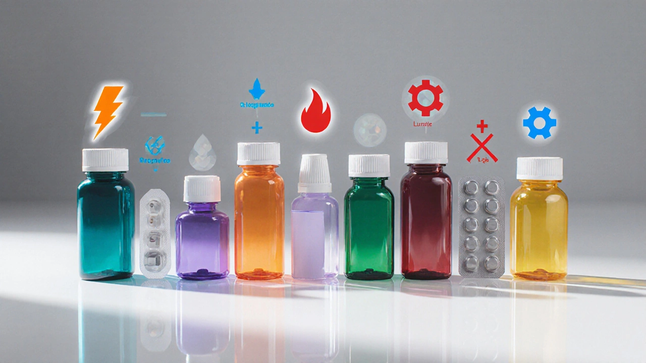 Lineup of medication bottles each with icons indicating efficacy, metabolic risk, and EPS risk.