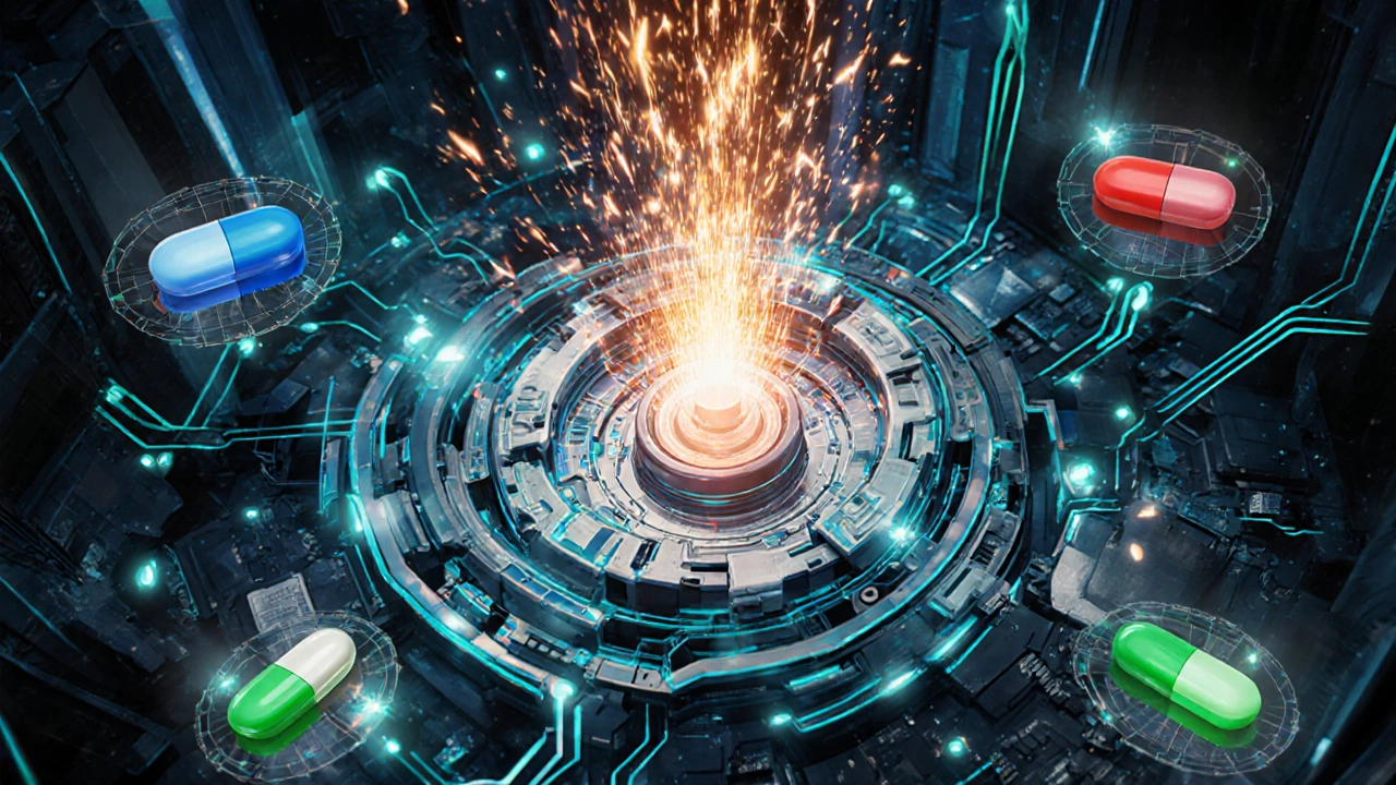 Liver depicted as a high‑tech chamber where Rifampin activates enzymes that speed drug metabolism.