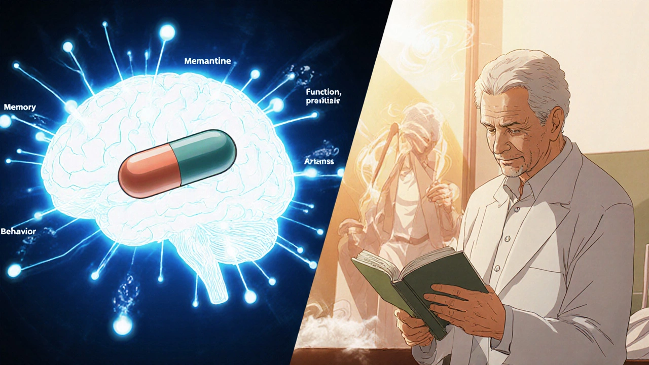 Memantine and donepezil pills beside glowing brain, older adult performing daily activities.