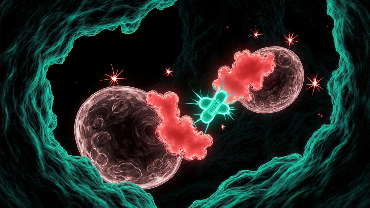 Microscopic view of mast cells releasing histamine while ketotifen blocks calcium channels.