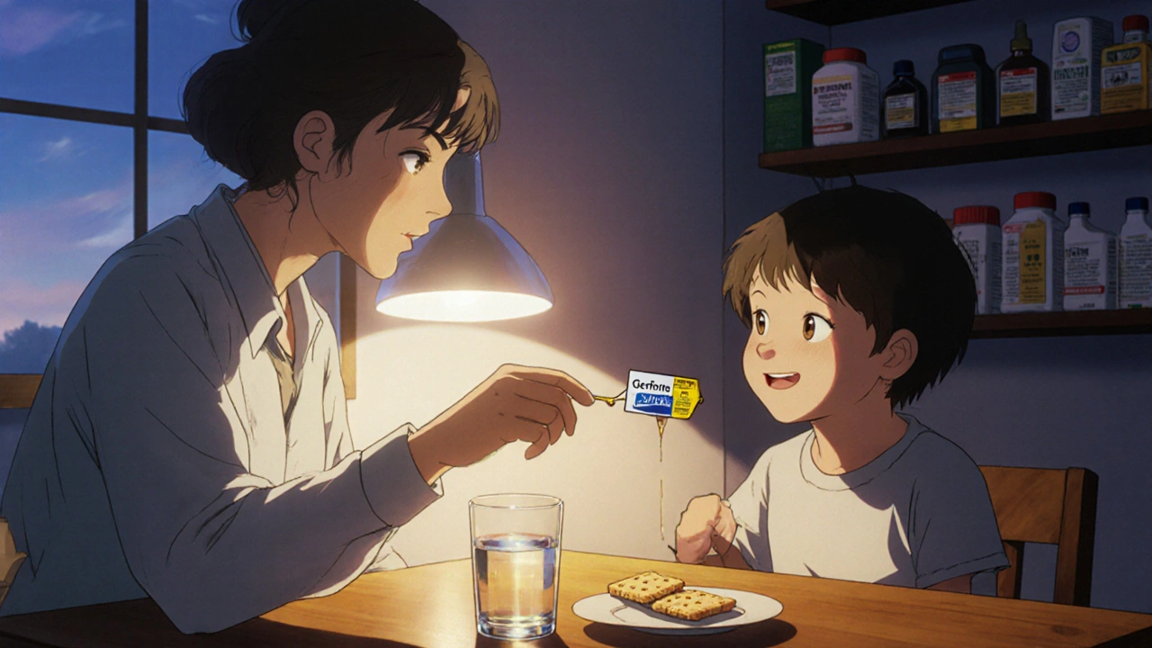 Mother giving a child Geriforte syrup in a cozy kitchen at night.