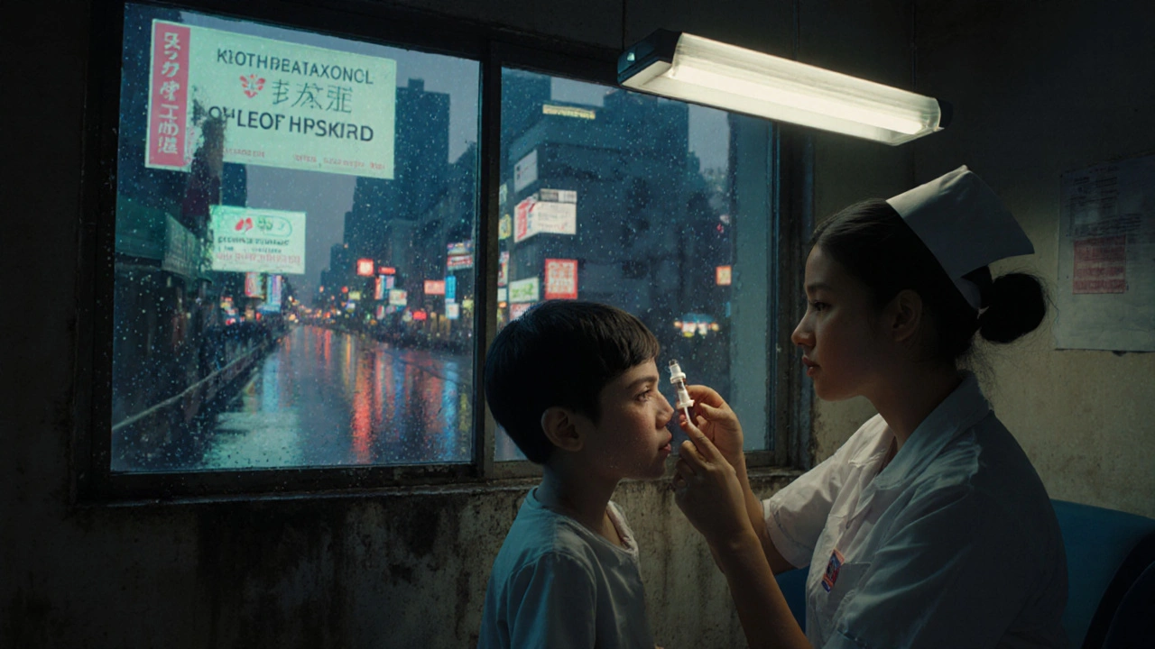 Nurse giving chloramphenicol eye drops to a child in a dim clinic, with futuristic medical ads visible through the window.