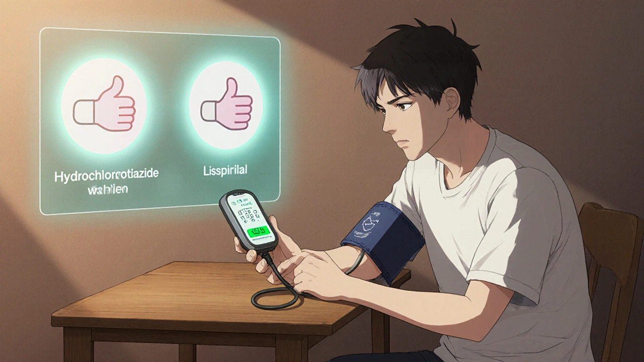 Patient at home checking blood pressure with a cuff, surrounded by safe medication icons and a doctor on video call.