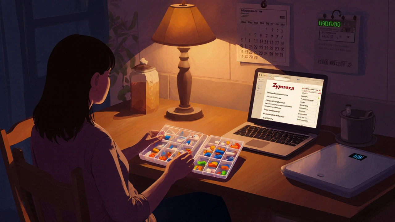 Patient at home reviewing pills, blood test results, and a scale under warm lamp light.