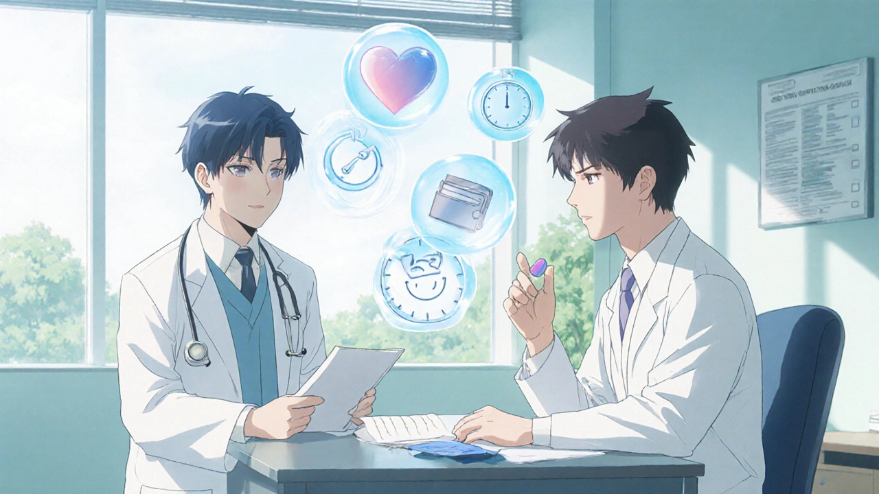 Patient consulting doctor while holding prescription tablet, feeling confident.