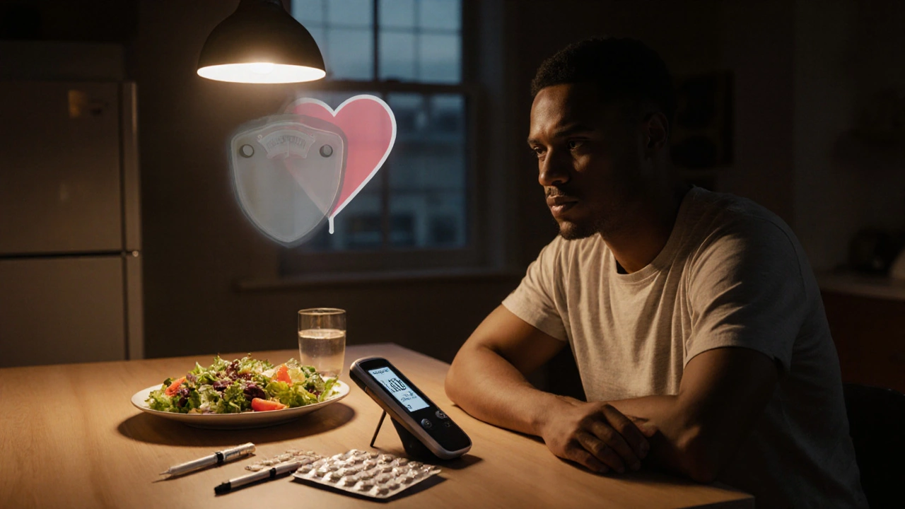 Person at kitchen table reviewing glucose meter, medication, and healthy food, with heart and scale overlay.