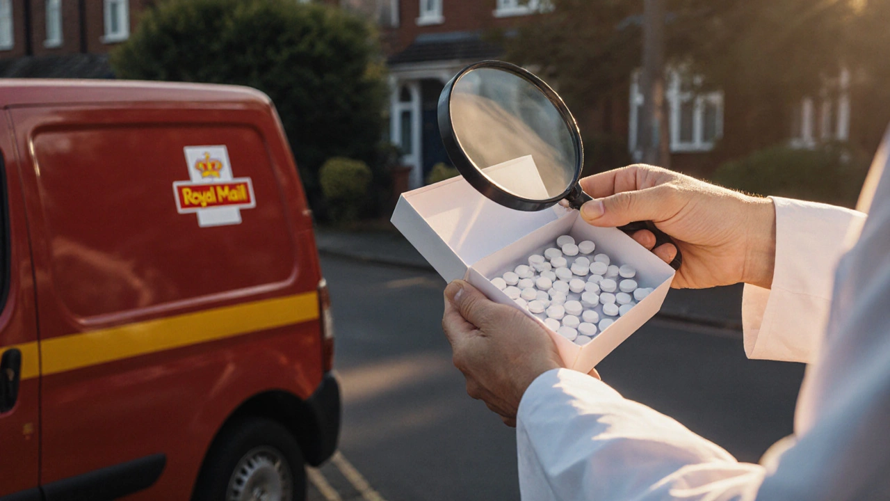 Pharmacist checking delivered tablets with a magnifying glass at a doorstep.