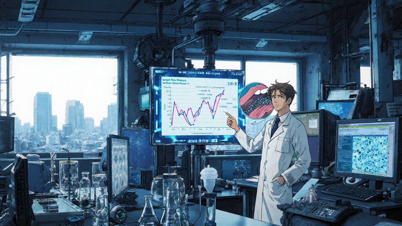 Scientists examining charts of infection rates and microscope view of thrush fungi in a high‑tech lab.