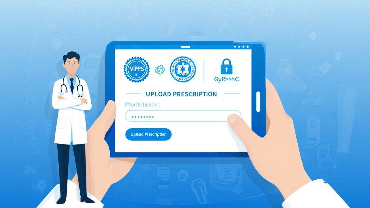 Screen displaying pharmacy accreditation seals and secure prescription upload