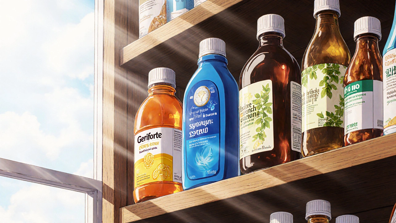 Shelf of various cough syrup bottles in a drugstore aisle, daylight.