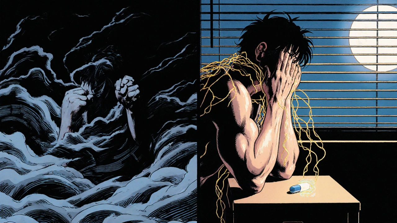 Split scene: anxious person with storm-like thoughts vs. same person relaxed, tension unraveling into the air.