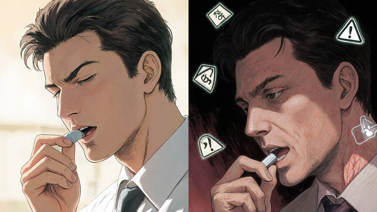 Split scene: one man taking separate pills calmly, another swallowing a combo pill with visible physical strain.