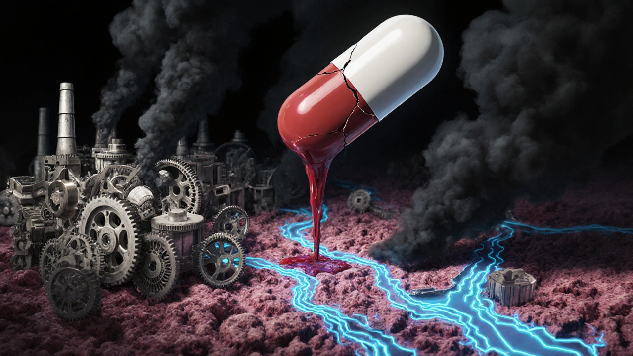 Surreal bone marrow as a failing factory, with blue antibiotic pathways repairing it while chloramphenicol leaks crimson.