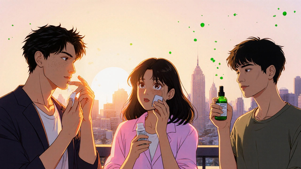 Three people applying different acne treatments on a sunrise balcony.