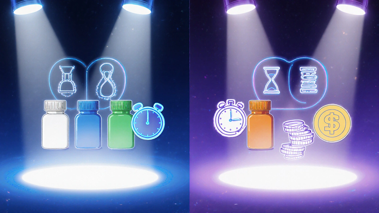 Various ED pills shown with timing, duration, and cost icons in anime style.