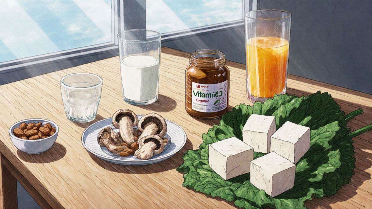 Vegan foods and supplements arranged on a kitchen table.