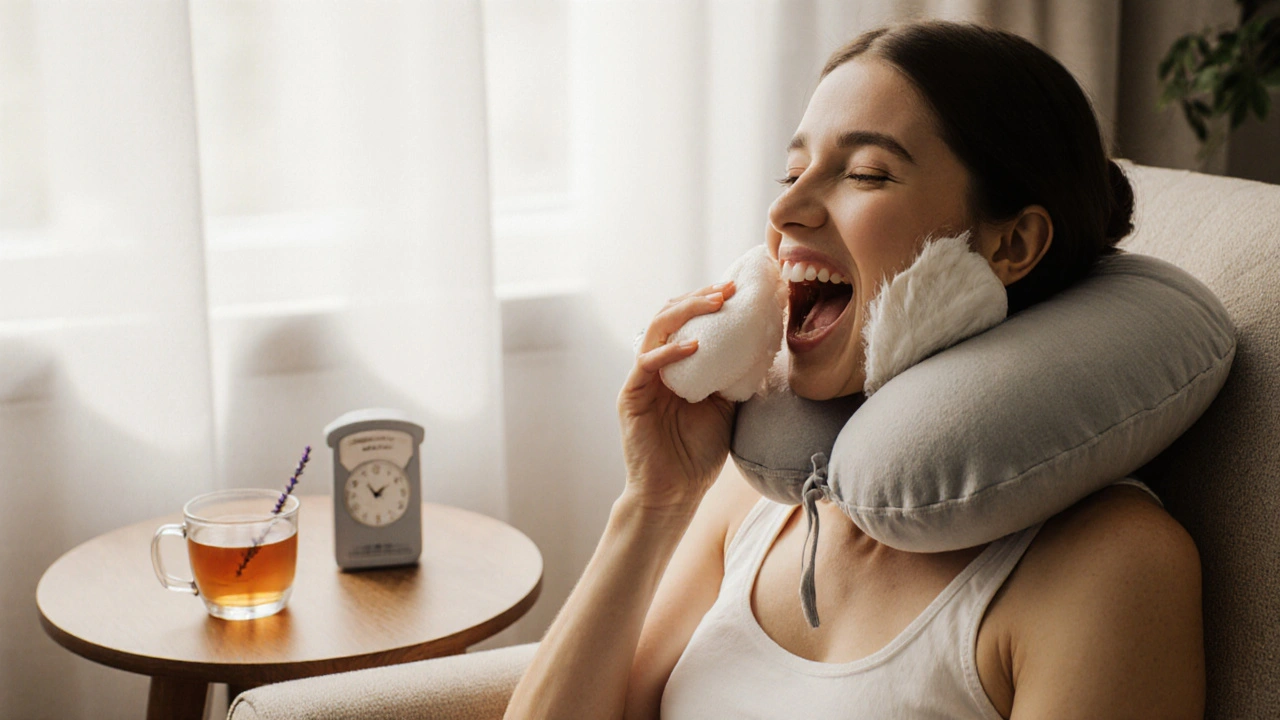 Woman doing gentle jaw stretch with warm compress and cervical pillow in a cozy setting.