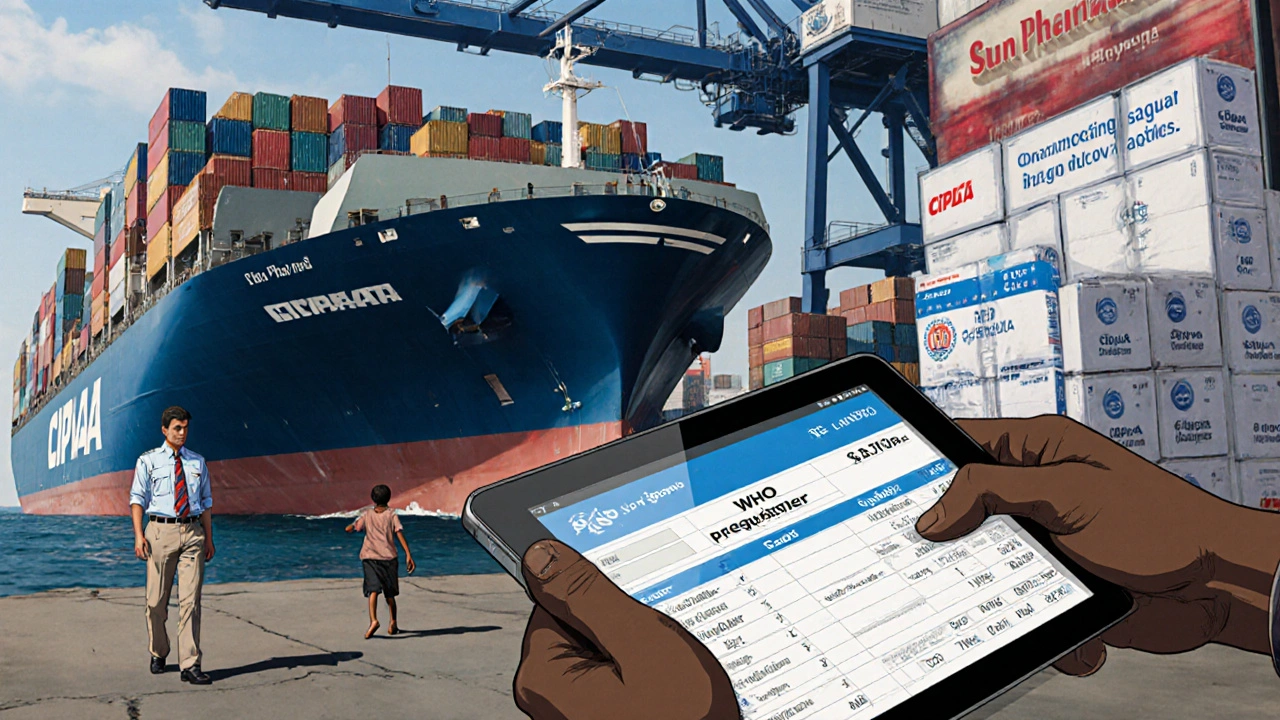 A cargo ship unloads generic medicines at an African port while a government official examines a tablet showing price disparities.