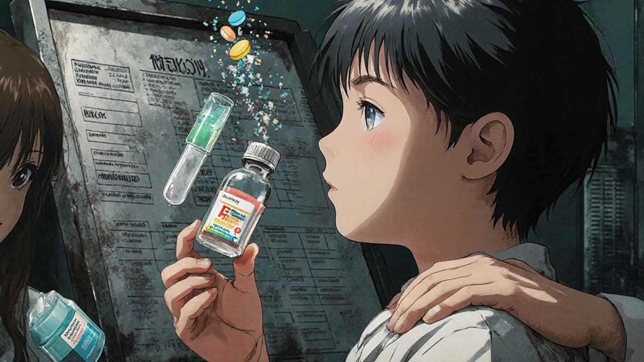 A child receives a flavored liquid medicine from a dropper, with medical details floating in the background.