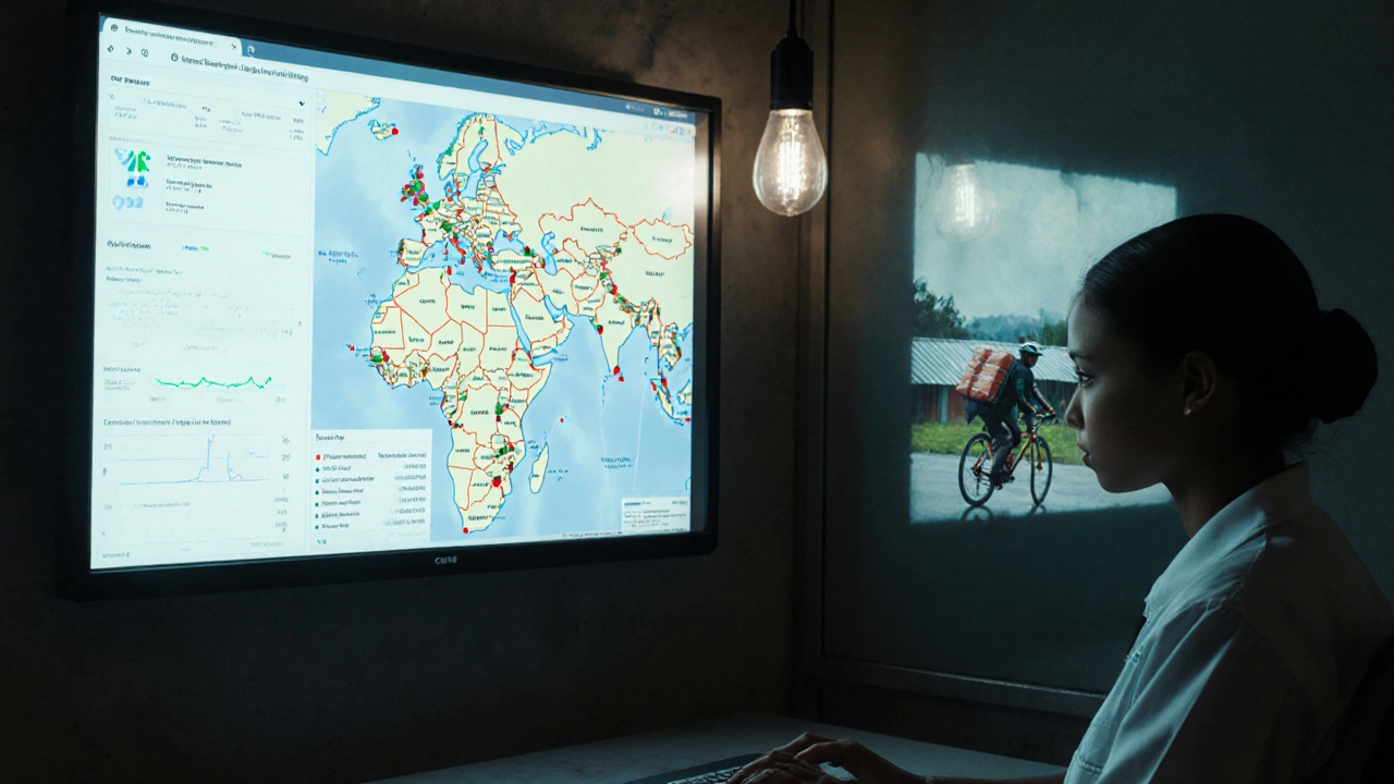 A health worker monitors a digital dashboard tracking medicine stock levels via SMS alerts in a Malawian clinic.