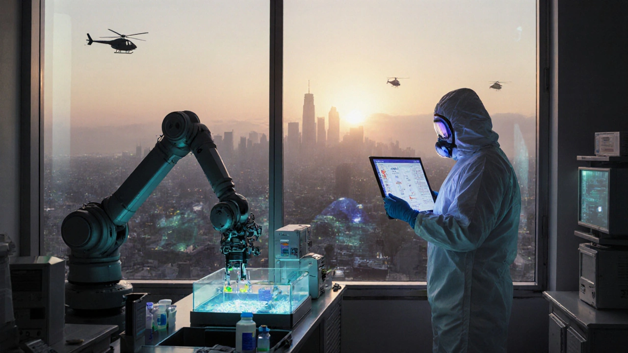 A high-tech compounding lab at dawn with robotic arms and pharmacists in protective gear preparing sterile meds.