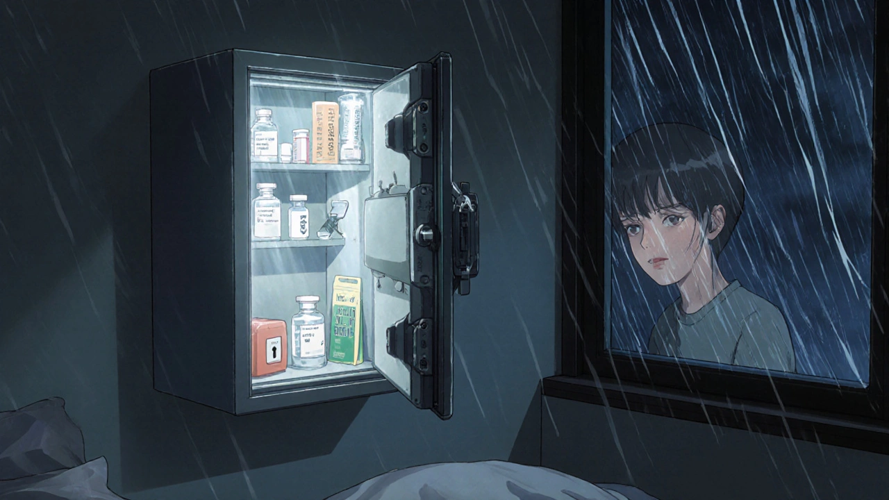 A locked medical storage box on a wall at night, containing medications, with a child&#039;s face reflected in the window.