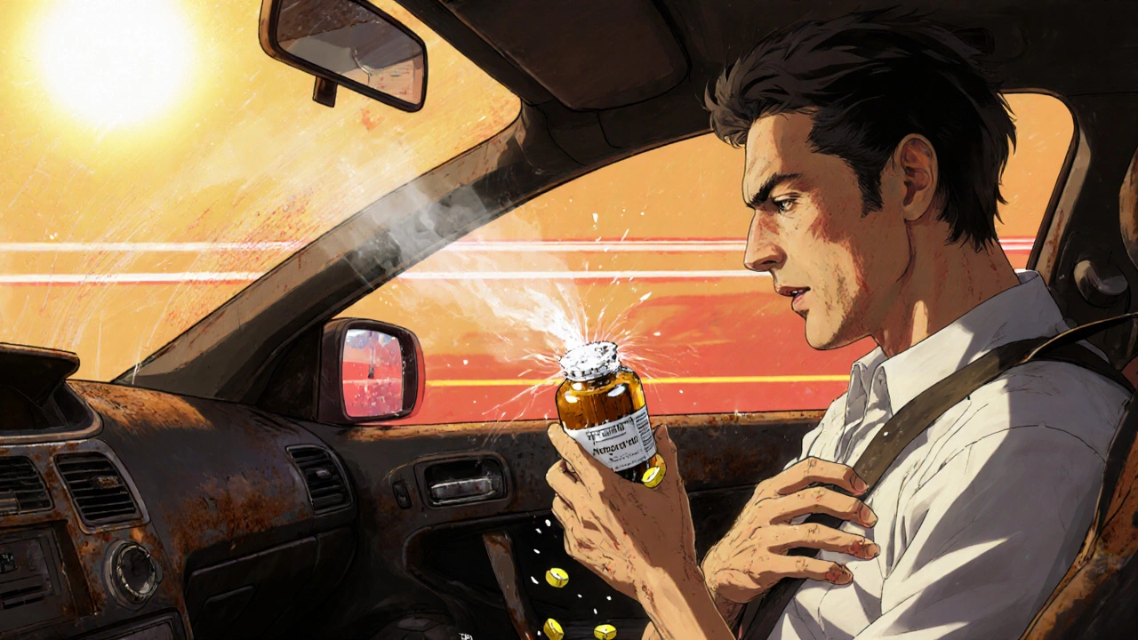 A man in a hot car clutches his chest as an expired nitroglycerin bottle crumbles in his hand.