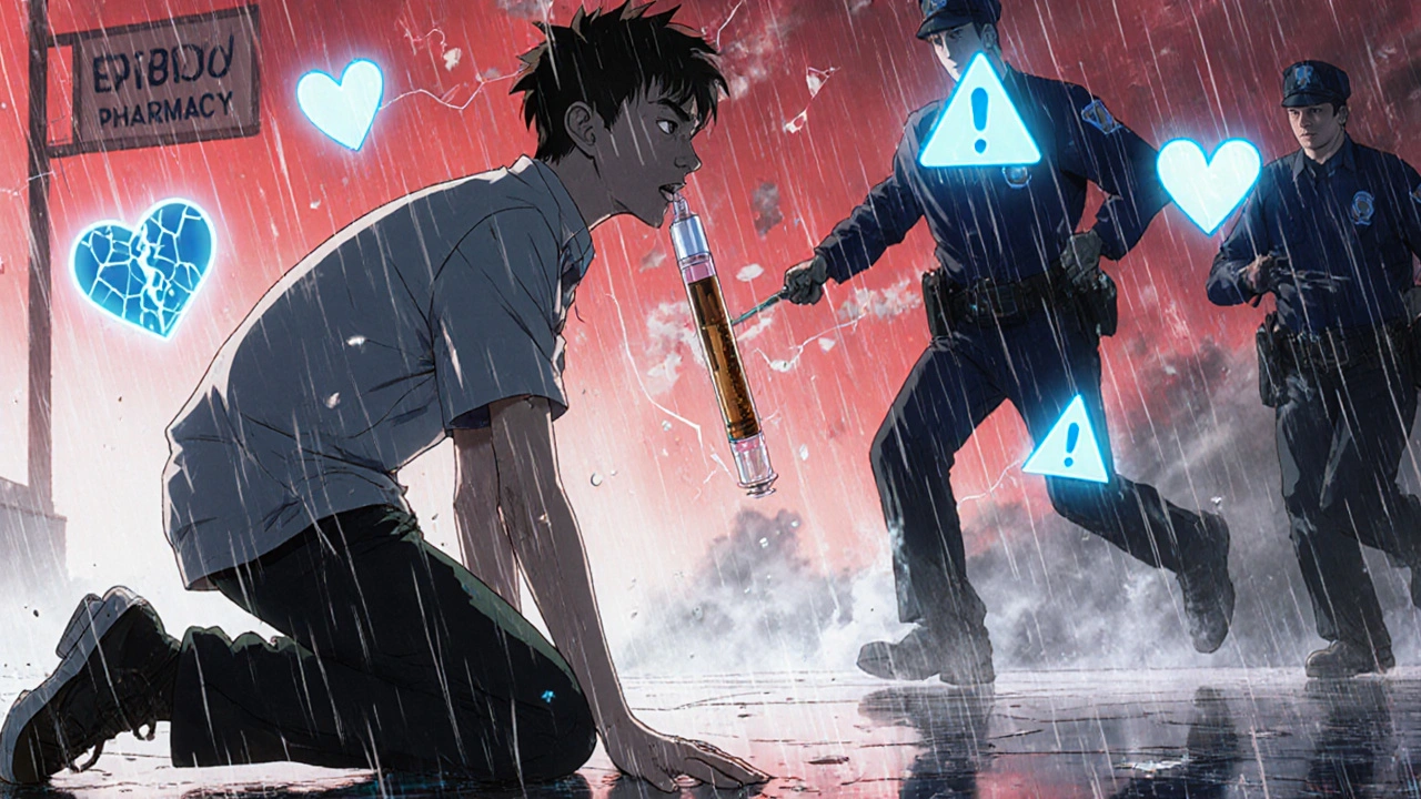 A man kneels on a sidewalk with an expired EpiPen, paramedics rushing in as his throat swells.